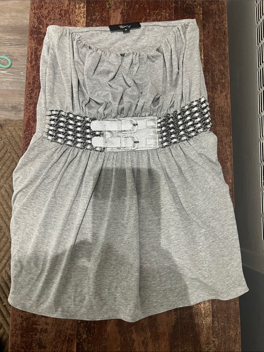 Sky Light Gray Strapless Dress with Decorative Chain-Link Waistband - Picture 2 of 6